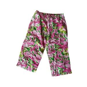 Lily Pulitzer Capri Pajama Pants Green Pink Tropical Hawaiian Floral Hibiscus L